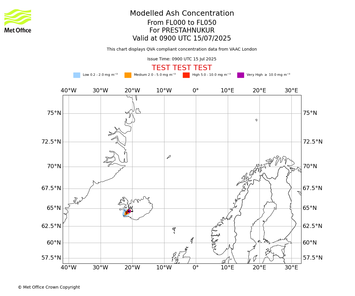Modelled ash concentration from 000 to 050 for PRESTAHNUKUR. Valid at 0900 UTC 15/07/2025