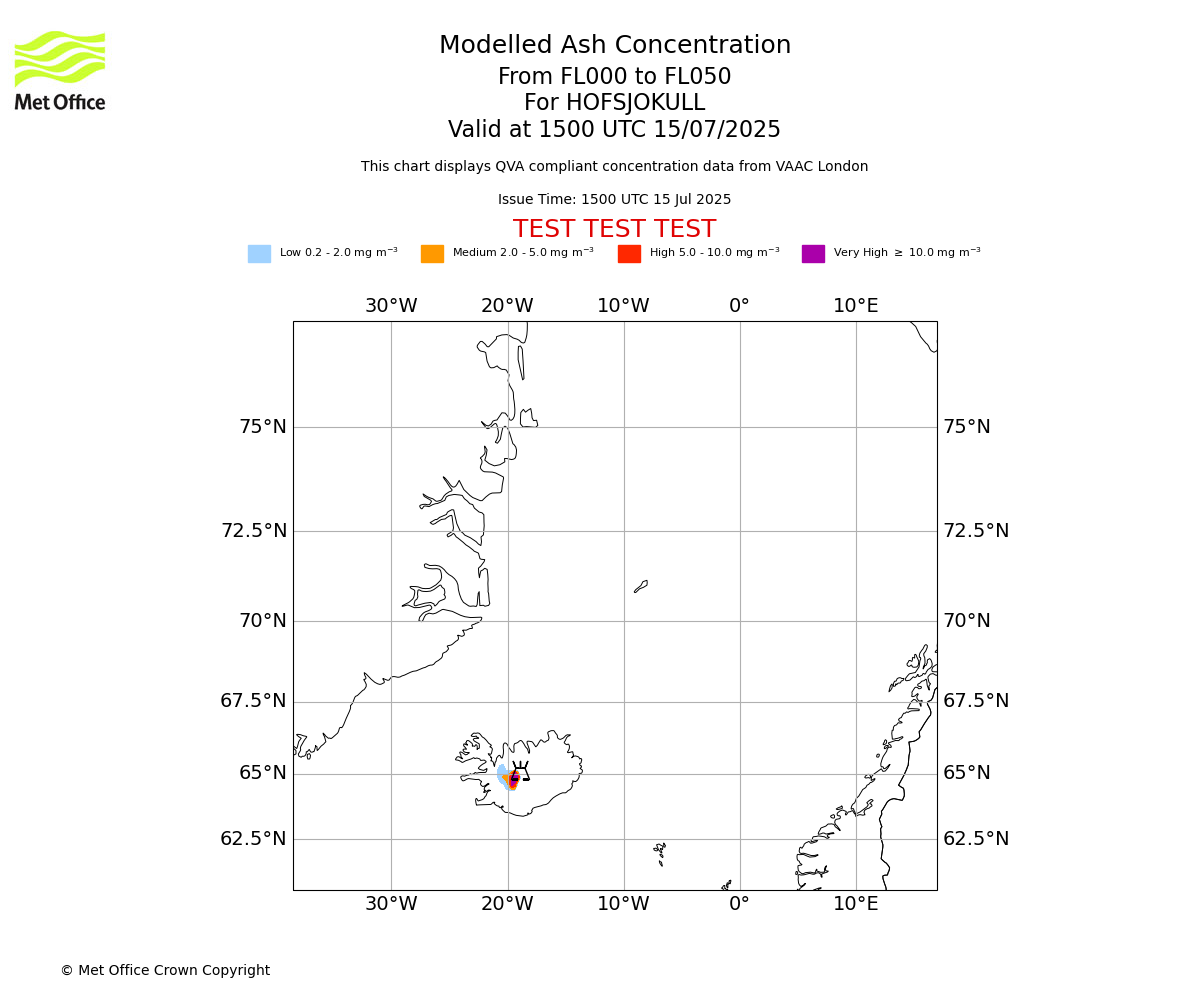 Modelled ash concentration from 000 to 050 for HOFSJOKULL. Valid at 1500 UTC 15/07/2025