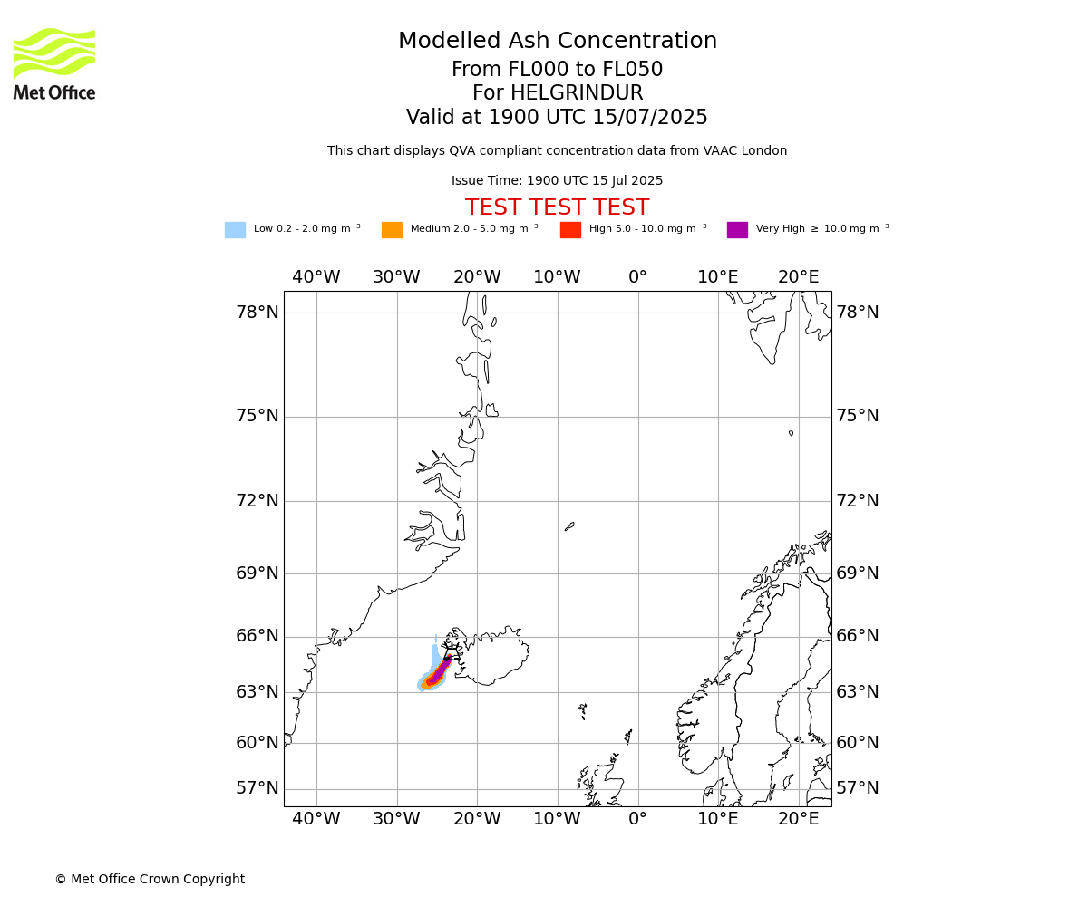 Modelled ash concentration from 000 to 050 for HELGRINDUR. Valid at 1900 UTC 15/07/2025