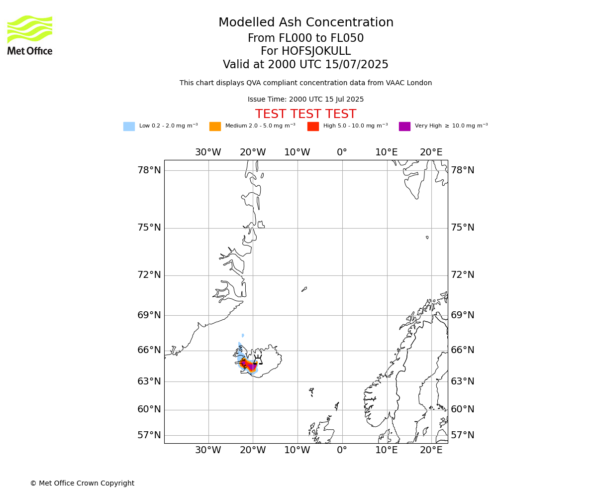 Modelled ash concentration from 000 to 050 for HOFSJOKULL. Valid at 2000 UTC 15/07/2025