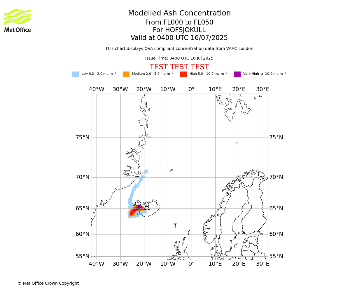 Modelled ash concentration from 000 to 050 for HOFSJOKULL. Valid at 0400 UTC 16/07/2025