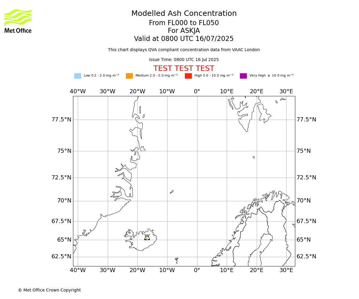 Modelled ash concentration from 000 to 050 for ASKJA. Valid at 0800 UTC 16/07/2025