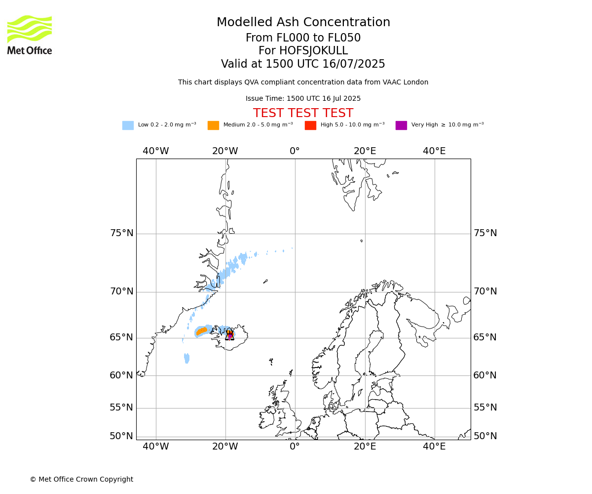 Modelled ash concentration from 000 to 050 for HOFSJOKULL. Valid at 1500 UTC 16/07/2025