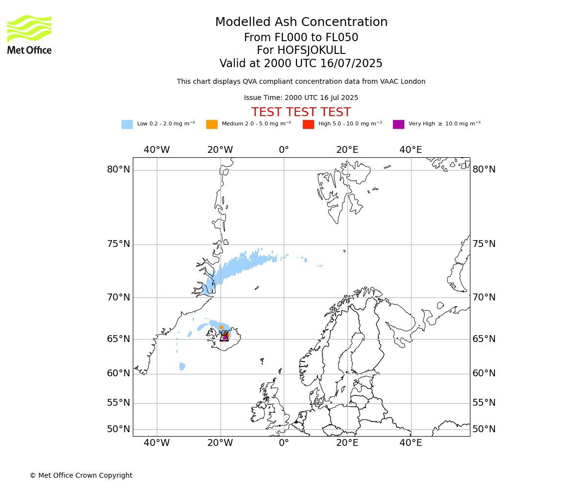 Modelled ash concentration from 000 to 050 for HOFSJOKULL. Valid at 2000 UTC 16/07/2025