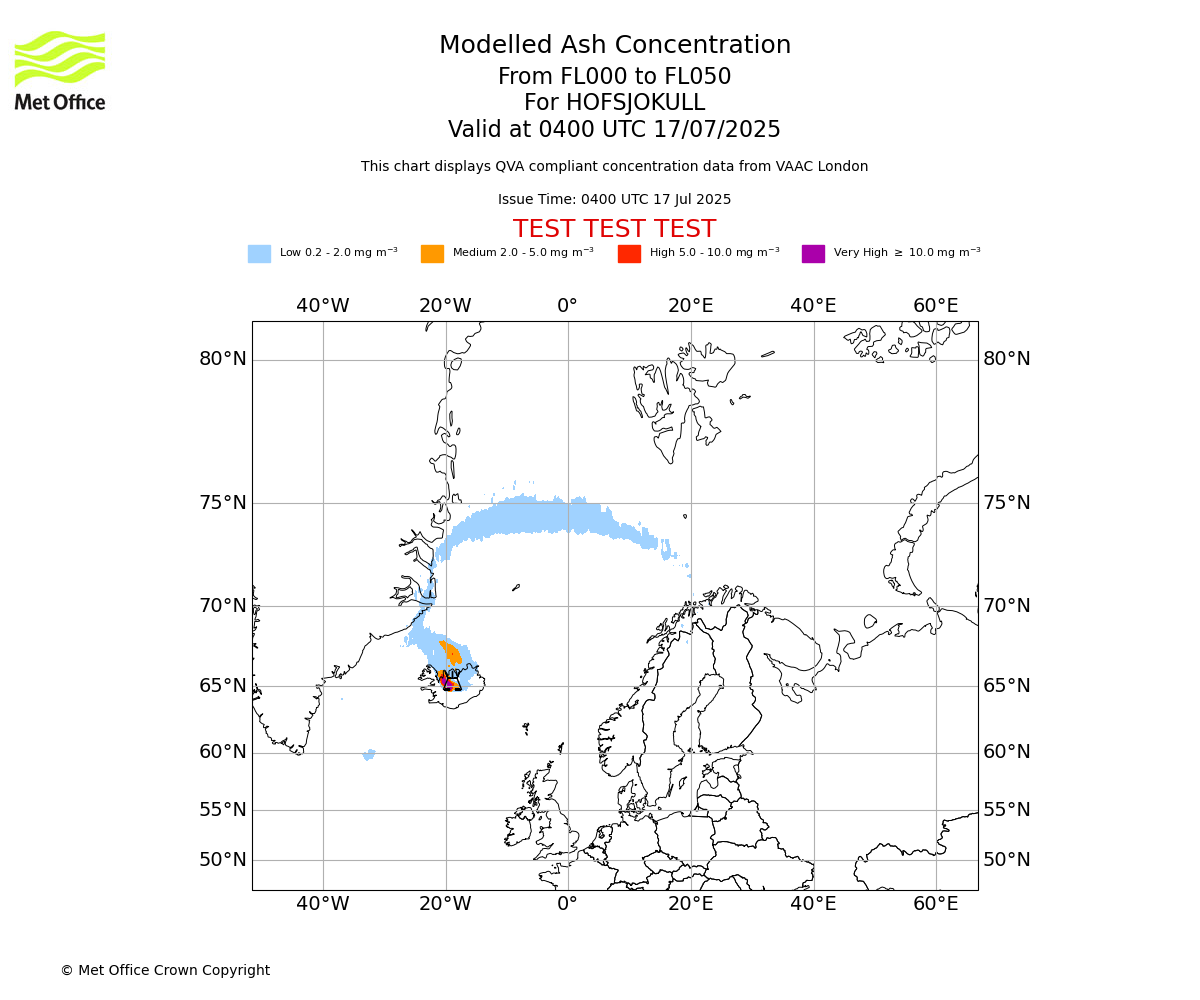 Modelled ash concentration from 000 to 050 for HOFSJOKULL. Valid at 0400 UTC 17/07/2025