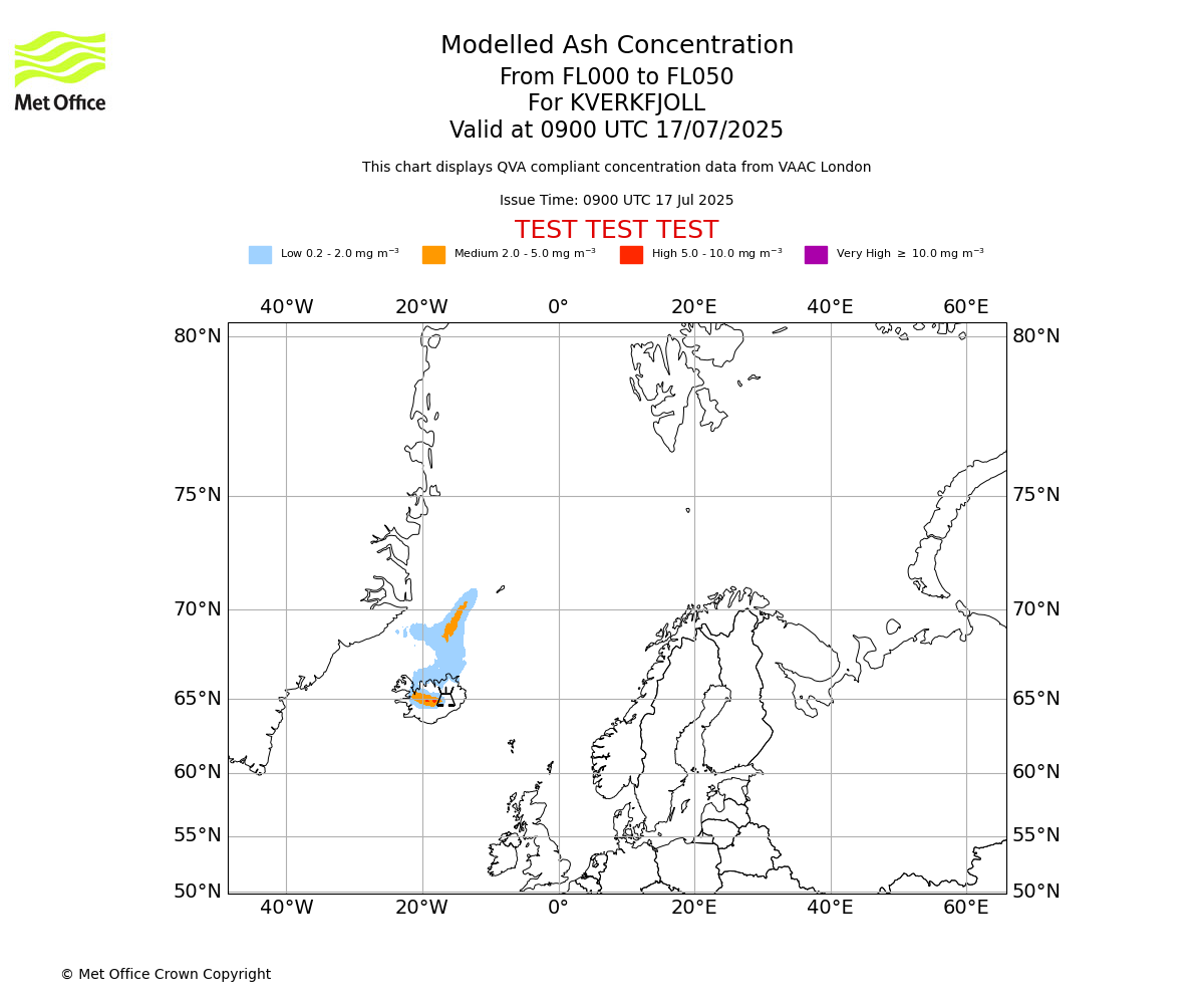Modelled ash concentration from 000 to 050 for KVERKFJOLL. Valid at 0900 UTC 17/07/2025
