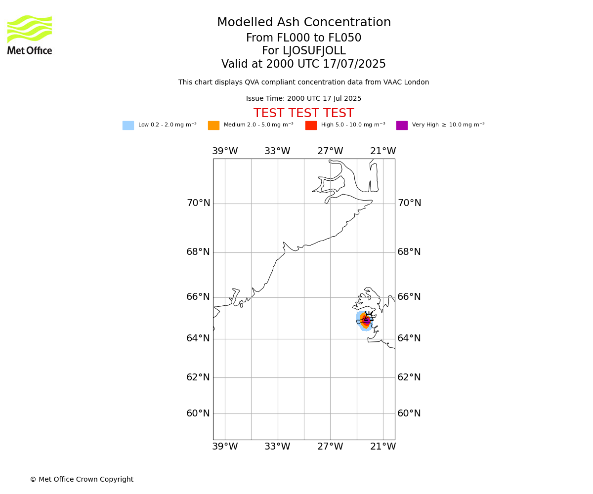 Modelled ash concentration from 000 to 050 for LJOSUFJOLL. Valid at 2000 UTC 17/07/2025