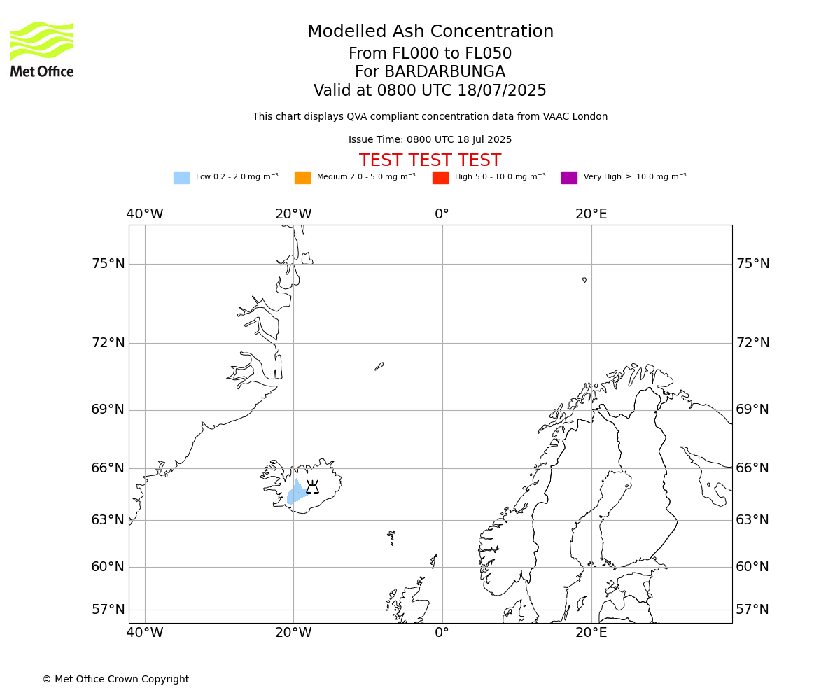 Modelled ash concentration from 000 to 050 for BARDARBUNGA. Valid at 0800 UTC 18/07/2025