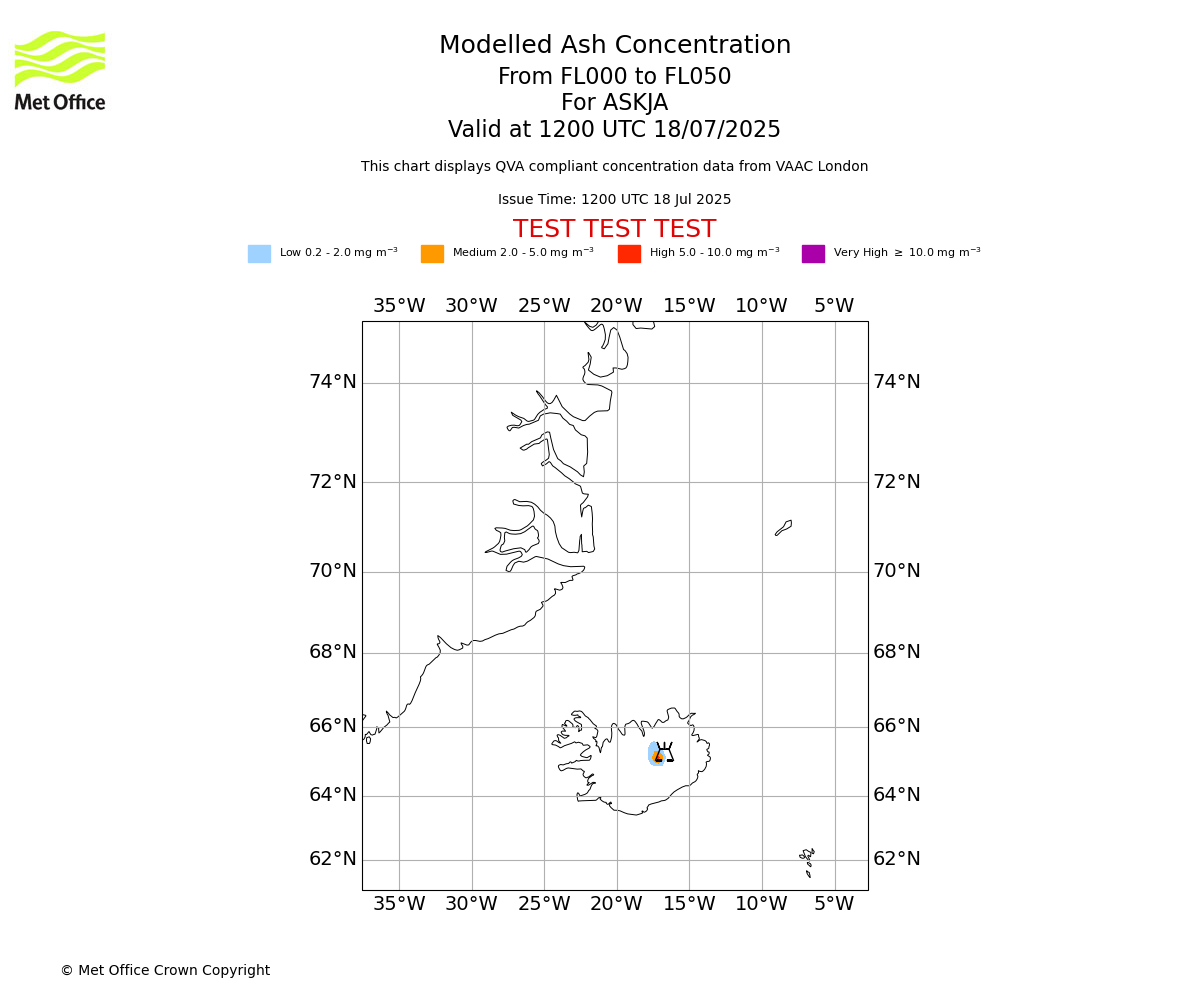 Modelled ash concentration from 000 to 050 for ASKJA. Valid at 1200 UTC 18/07/2025