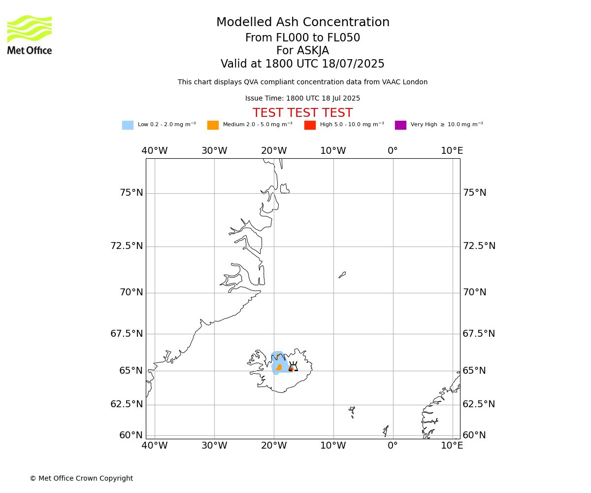 Modelled ash concentration from 000 to 050 for ASKJA. Valid at 1800 UTC 18/07/2025