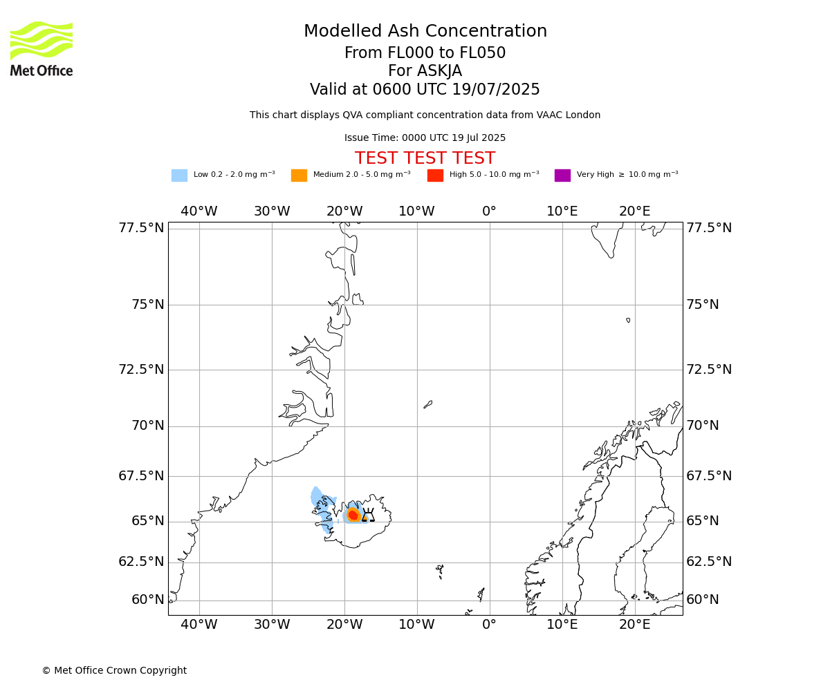 Modelled ash concentration from 000 to 050 for ASKJA. Valid at 0600 UTC 19/07/2025