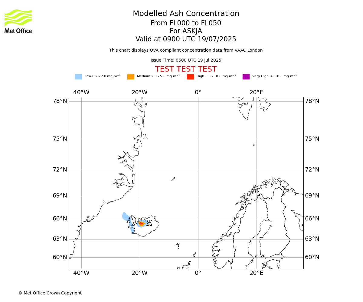 Modelled ash concentration from 000 to 050 for ASKJA. Valid at 0900 UTC 19/07/2025