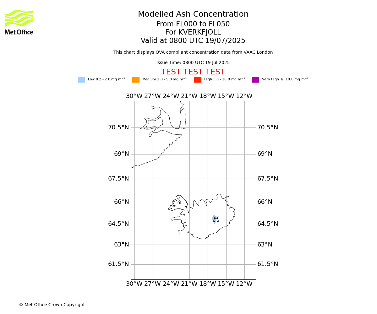 Modelled ash concentration from 000 to 050 for KVERKFJOLL. Valid at 0800 UTC 19/07/2025