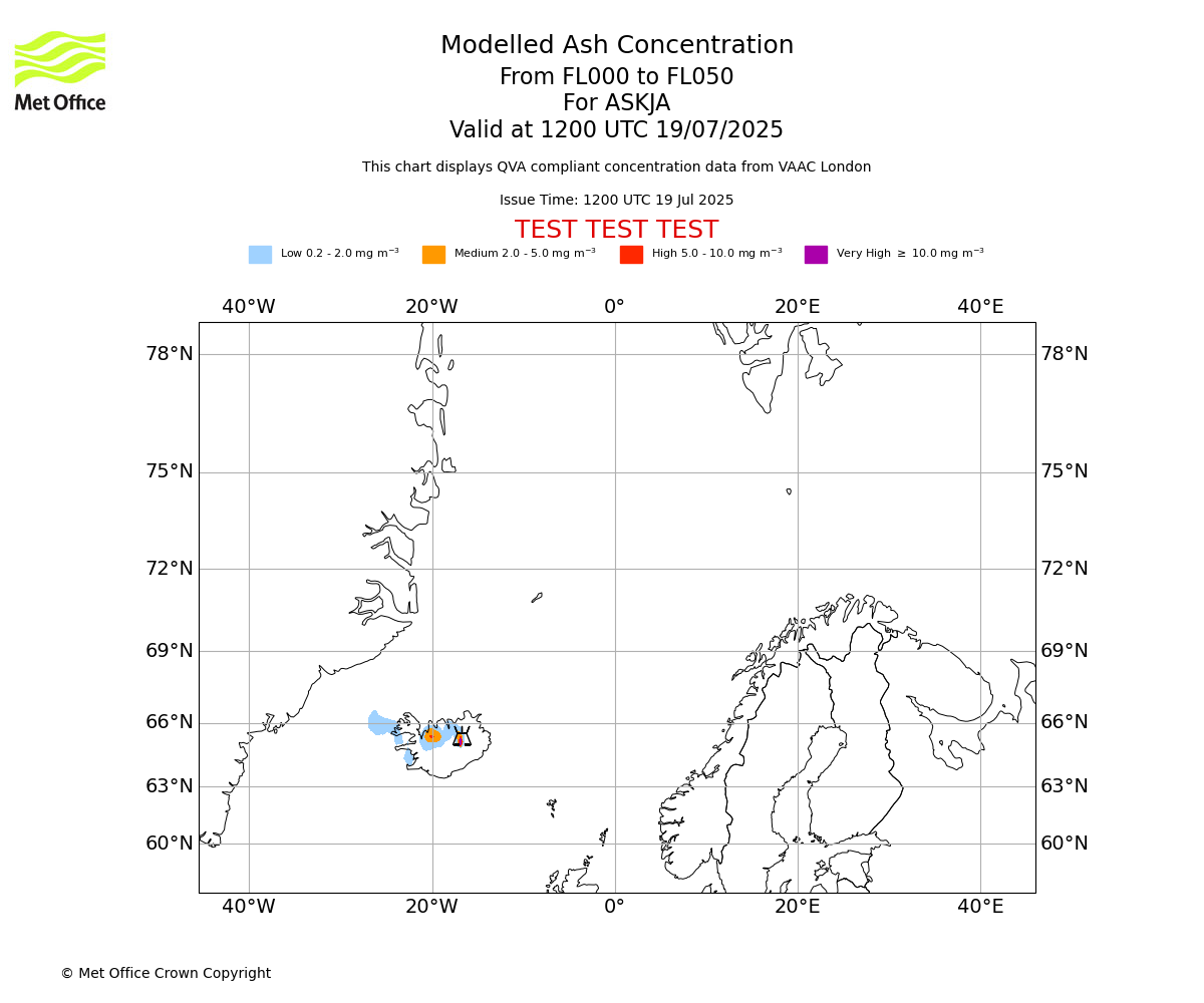 Modelled ash concentration from 000 to 050 for ASKJA. Valid at 1200 UTC 19/07/2025