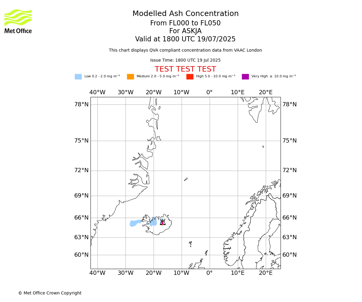 Modelled ash concentration from 000 to 050 for ASKJA. Valid at 1800 UTC 19/07/2025