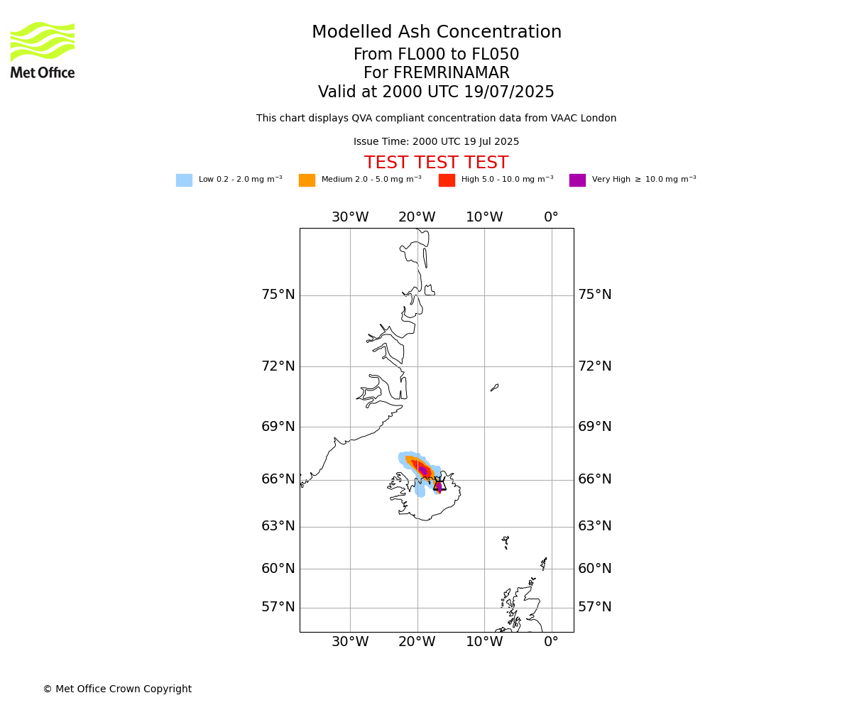 Modelled ash concentration from 000 to 050 for FREMRINAMAR. Valid at 2000 UTC 19/07/2025