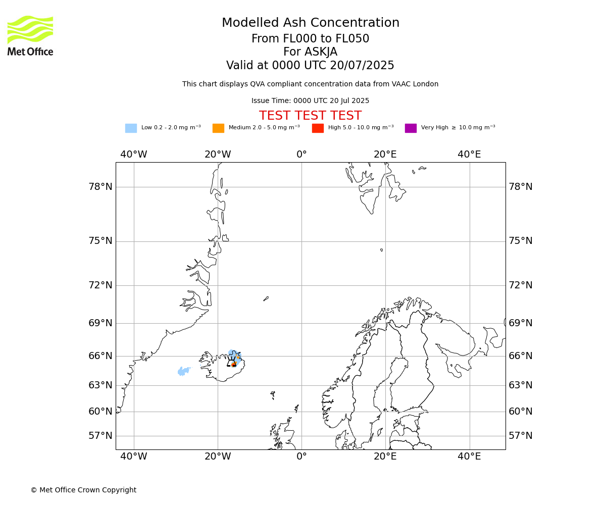 Modelled ash concentration from 000 to 050 for ASKJA. Valid at 0000 UTC 20/07/2025