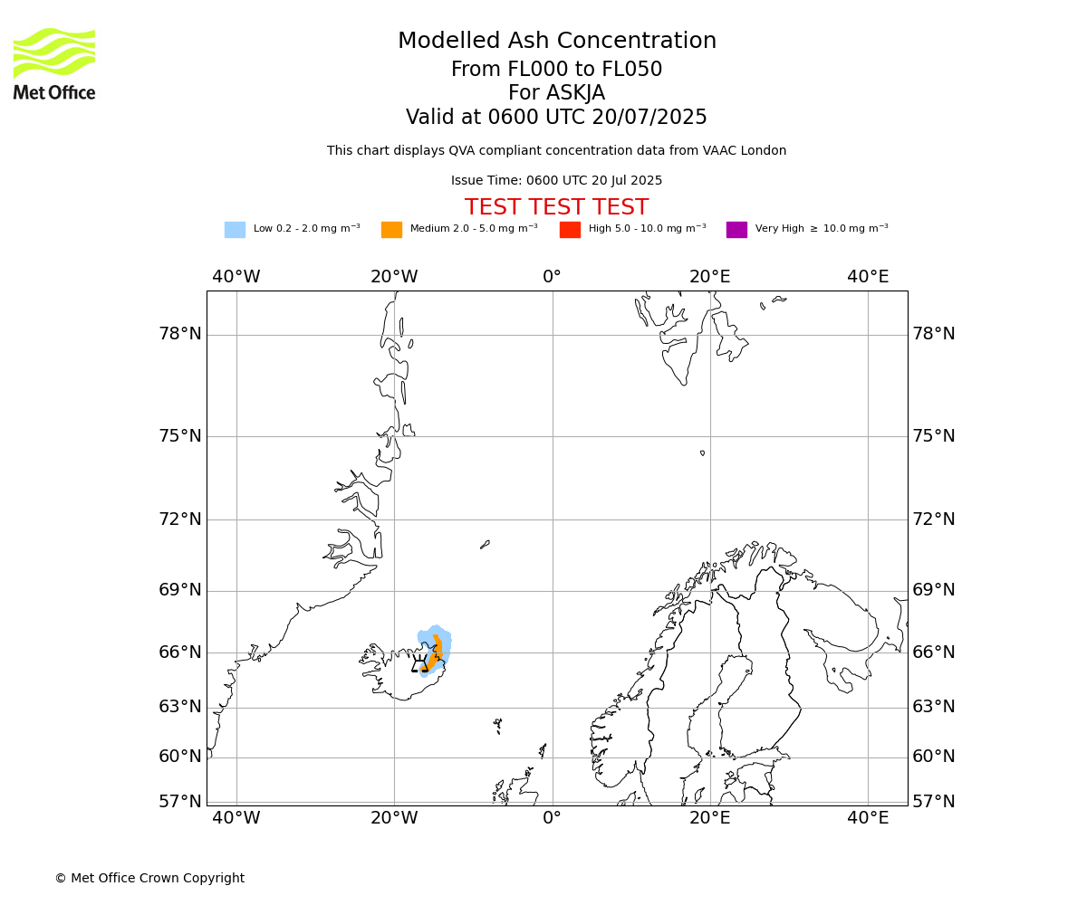 Modelled ash concentration from 000 to 050 for ASKJA. Valid at 0600 UTC 20/07/2025