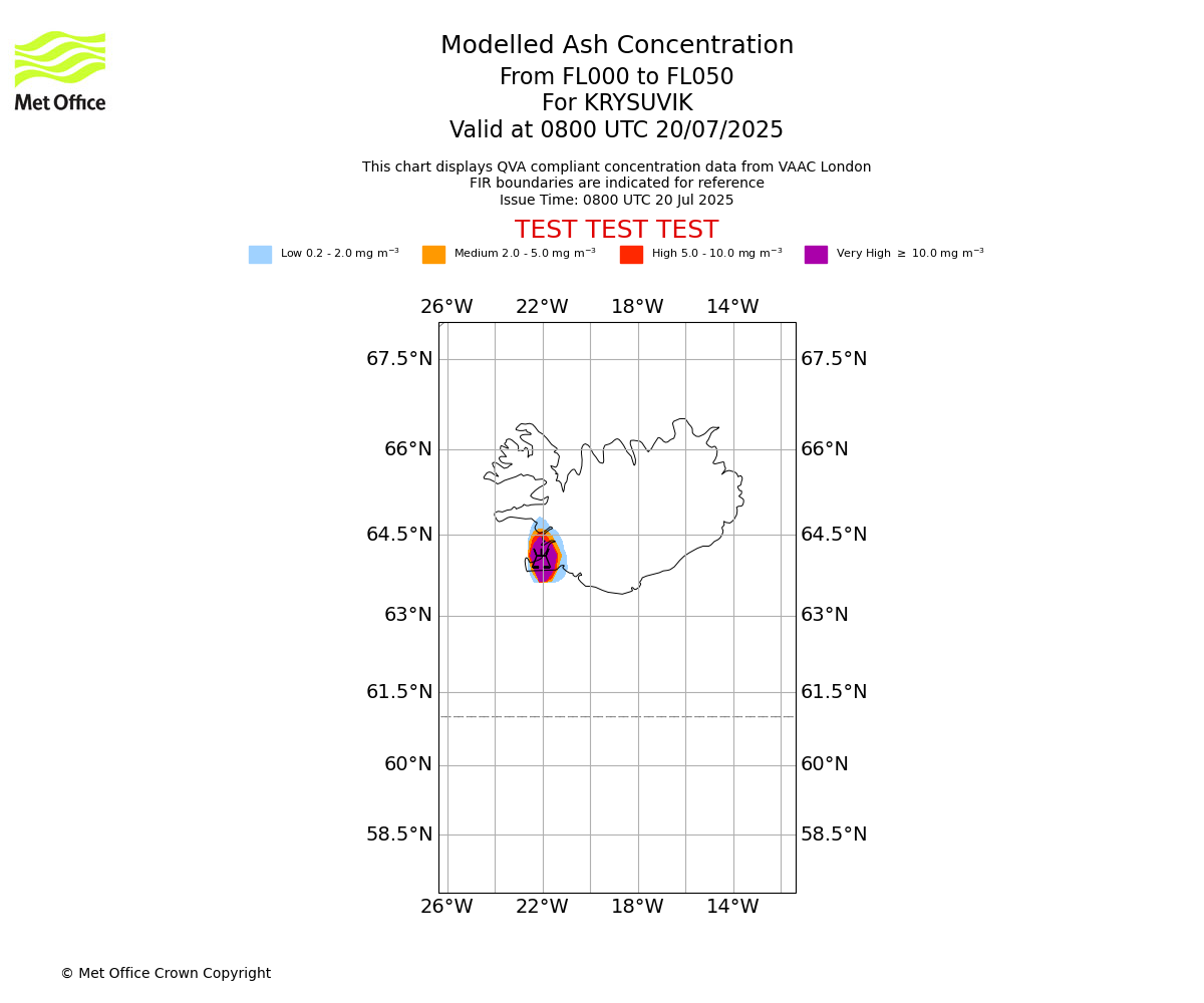 Modelled ash concentration from 000 to 050 for KRYSUVIK. Valid at 0800 UTC 20/07/2025