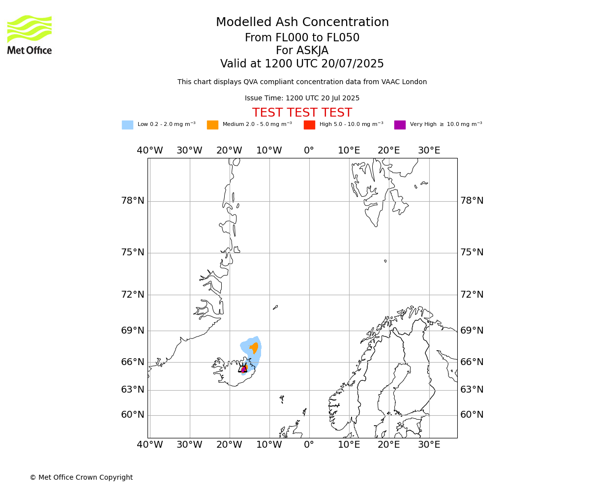 Modelled ash concentration from 000 to 050 for ASKJA. Valid at 1200 UTC 20/07/2025