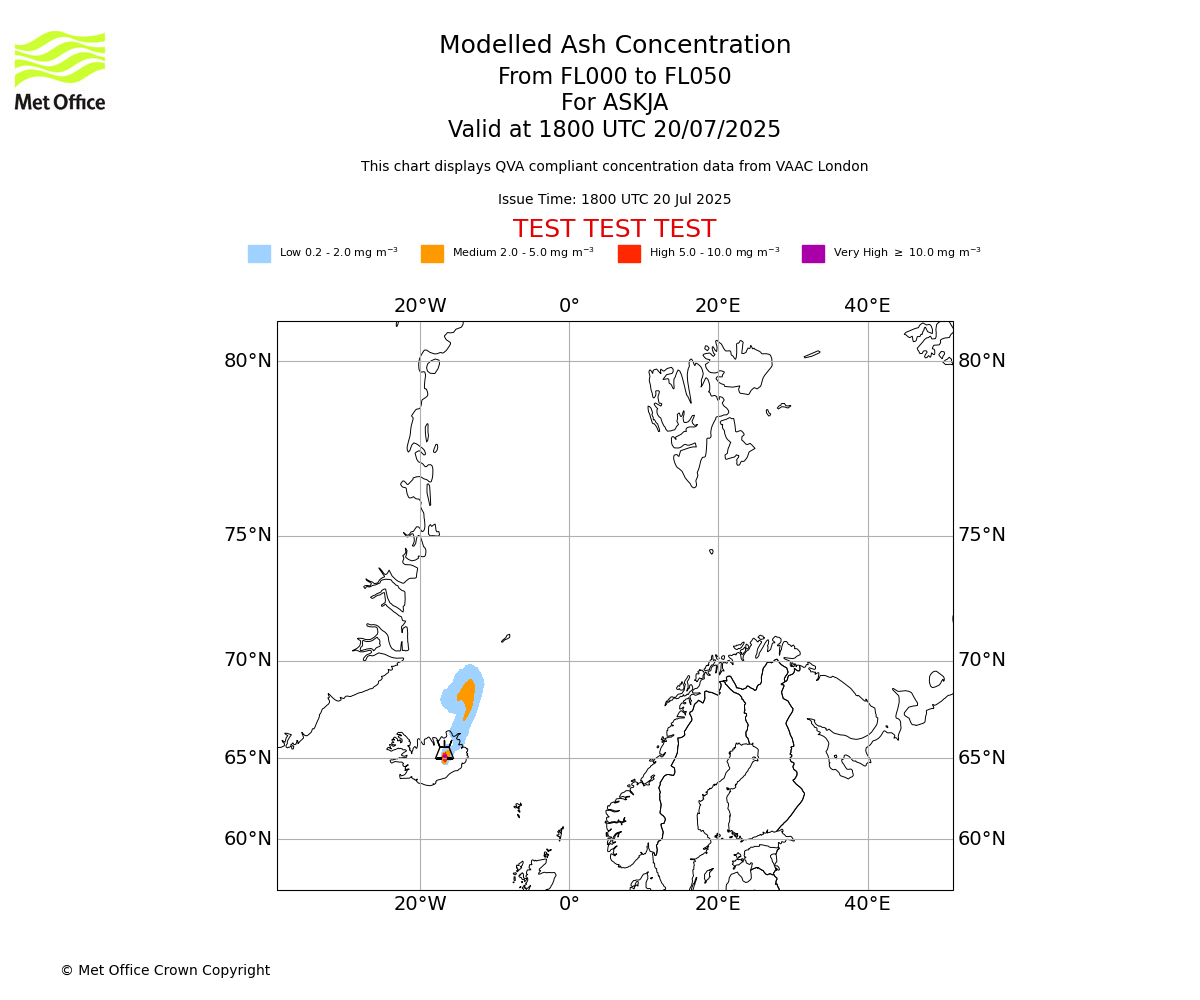 Modelled ash concentration from 000 to 050 for ASKJA. Valid at 1800 UTC 20/07/2025