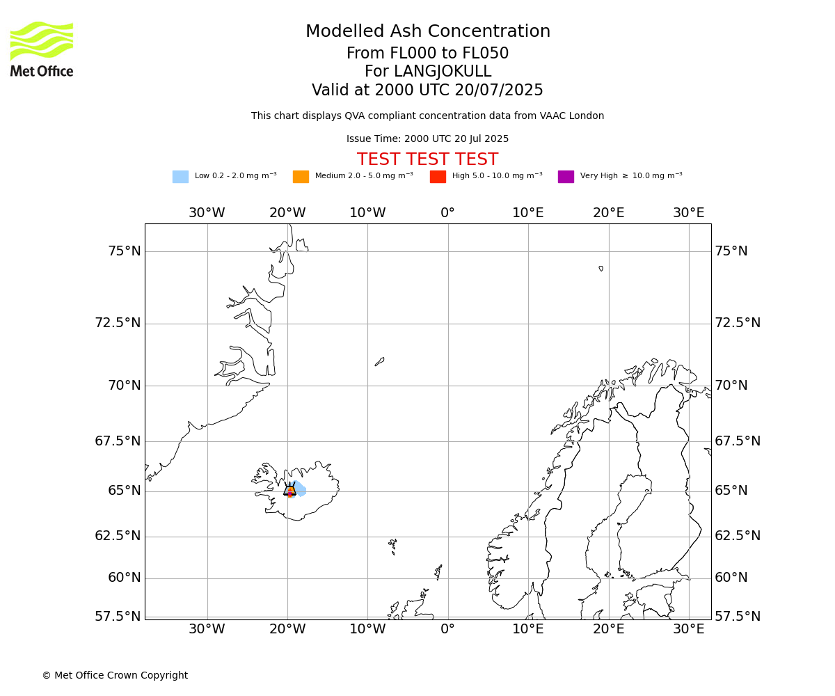 Modelled ash concentration from 000 to 050 for LANGJOKULL. Valid at 2000 UTC 20/07/2025