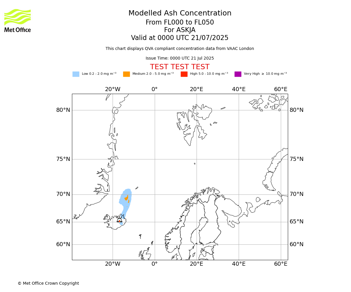 Modelled ash concentration from 000 to 050 for ASKJA. Valid at 0000 UTC 21/07/2025