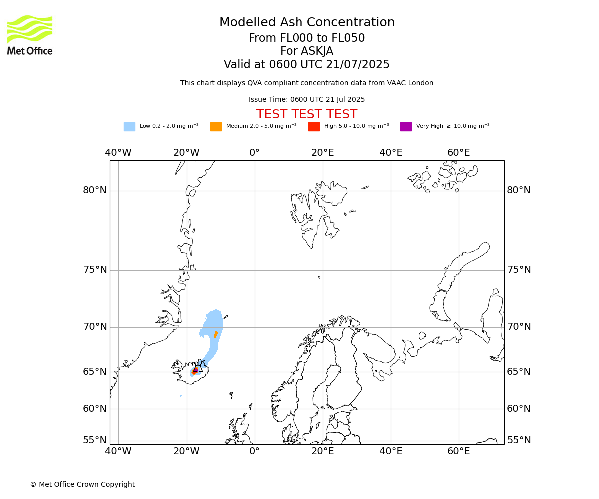 Modelled ash concentration from 000 to 050 for ASKJA. Valid at 0600 UTC 21/07/2025