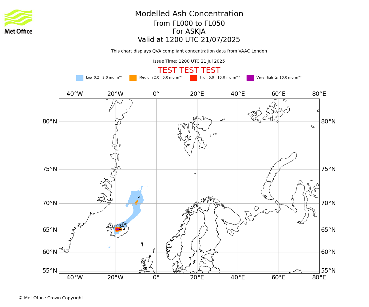 Modelled ash concentration from 000 to 050 for ASKJA. Valid at 1200 UTC 21/07/2025