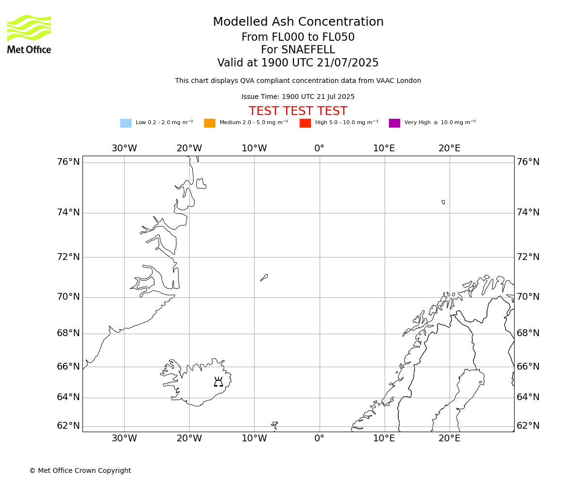 Modelled ash concentration from 000 to 050 for SNAEFELL. Valid at 1900 UTC 21/07/2025