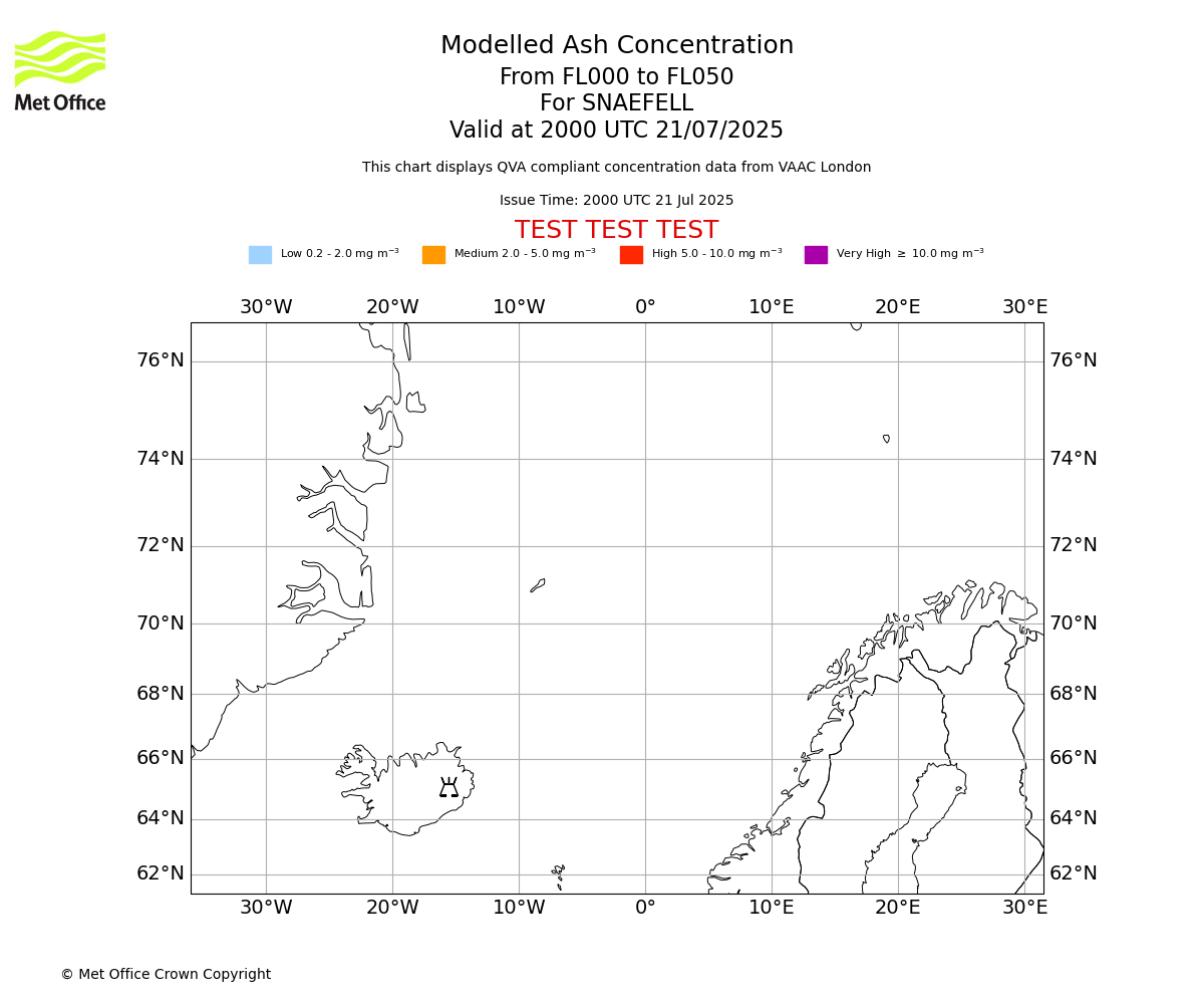 Modelled ash concentration from 000 to 050 for SNAEFELL. Valid at 2000 UTC 21/07/2025