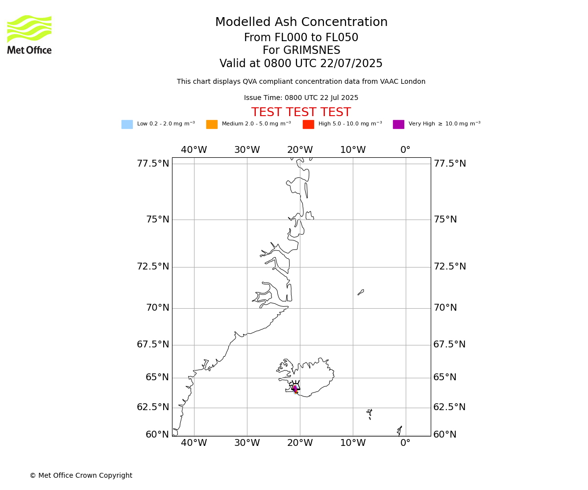 Modelled ash concentration from 000 to 050 for GRIMSNES. Valid at 0800 UTC 22/07/2025