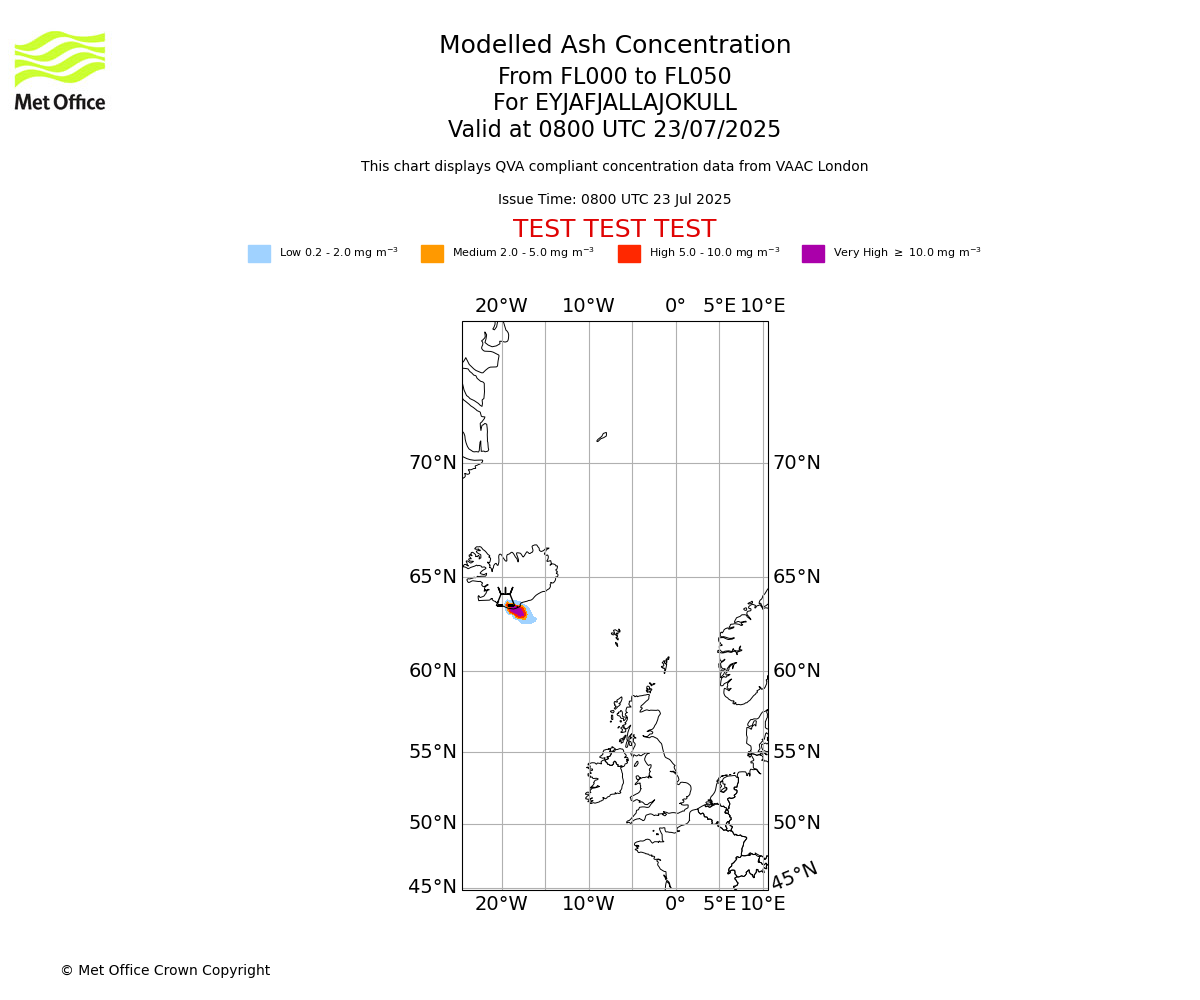 Modelled ash concentration from 000 to 050 for EYJAFJALLAJOKULL. Valid at 0800 UTC 23/07/2025