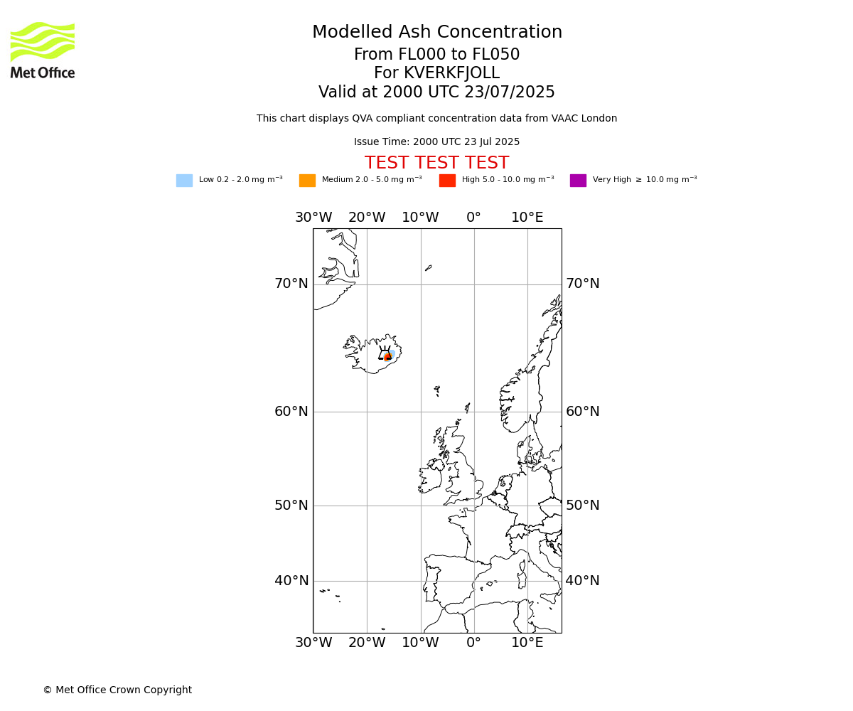 Modelled ash concentration from 000 to 050 for KVERKFJOLL. Valid at 2000 UTC 23/07/2025
