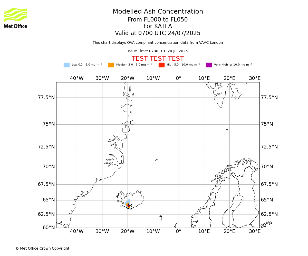 Modelled ash concentration from 000 to 050 for KATLA. Valid at 0700 UTC 24/07/2025