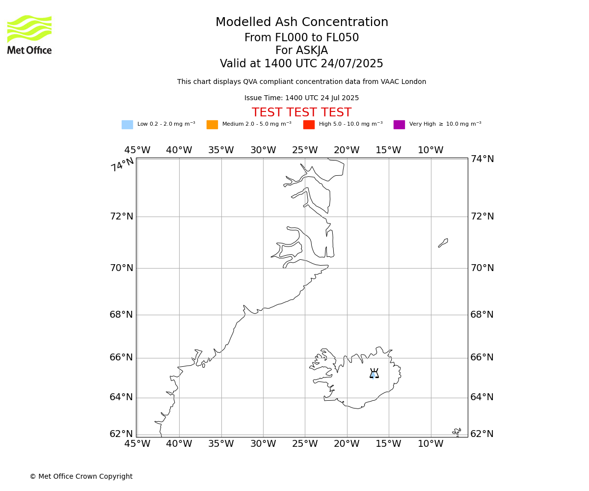 Modelled ash concentration from 000 to 050 for ASKJA. Valid at 1400 UTC 24/07/2025