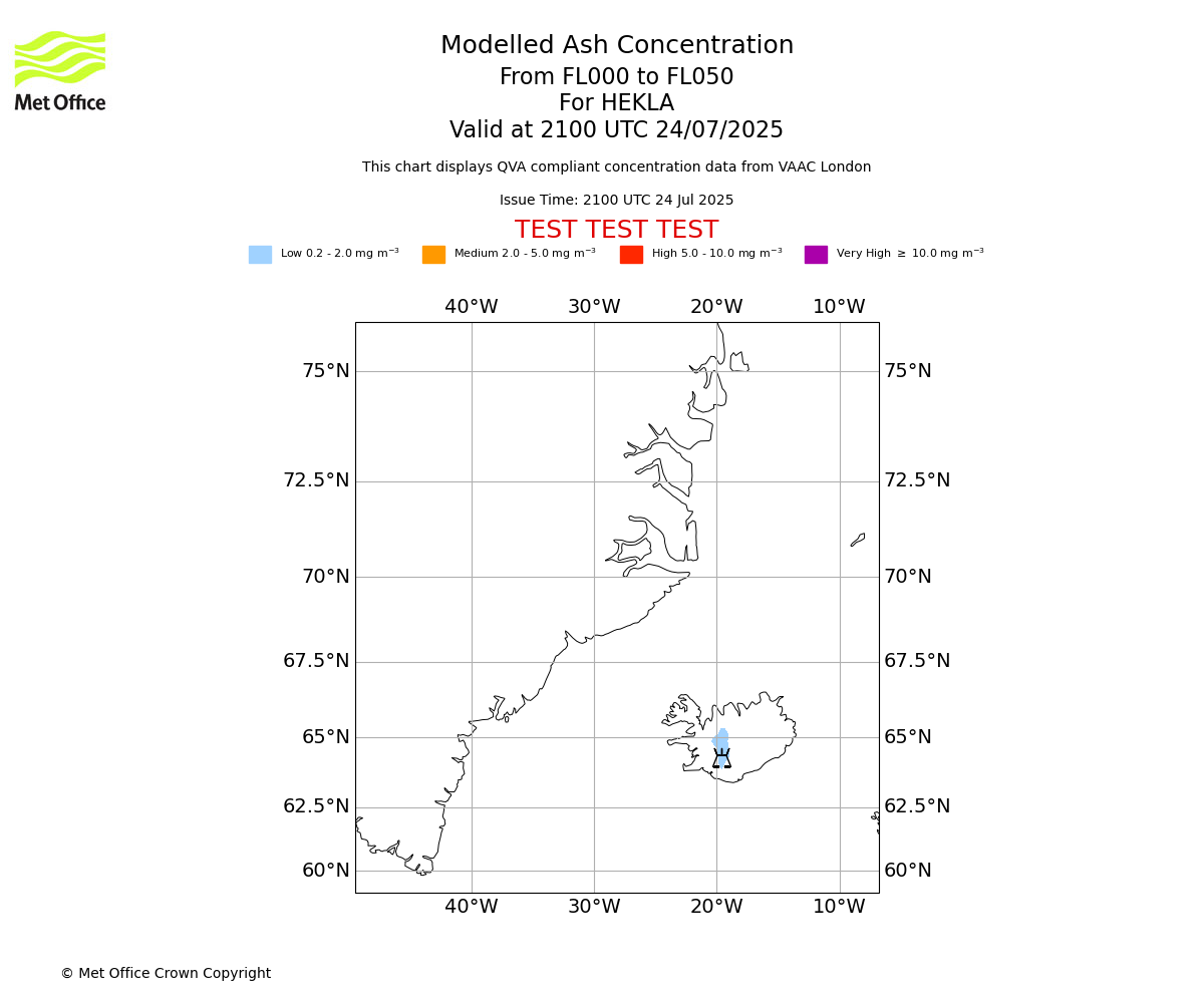 Modelled ash concentration from 000 to 050 for HEKLA. Valid at 2100 UTC 24/07/2025