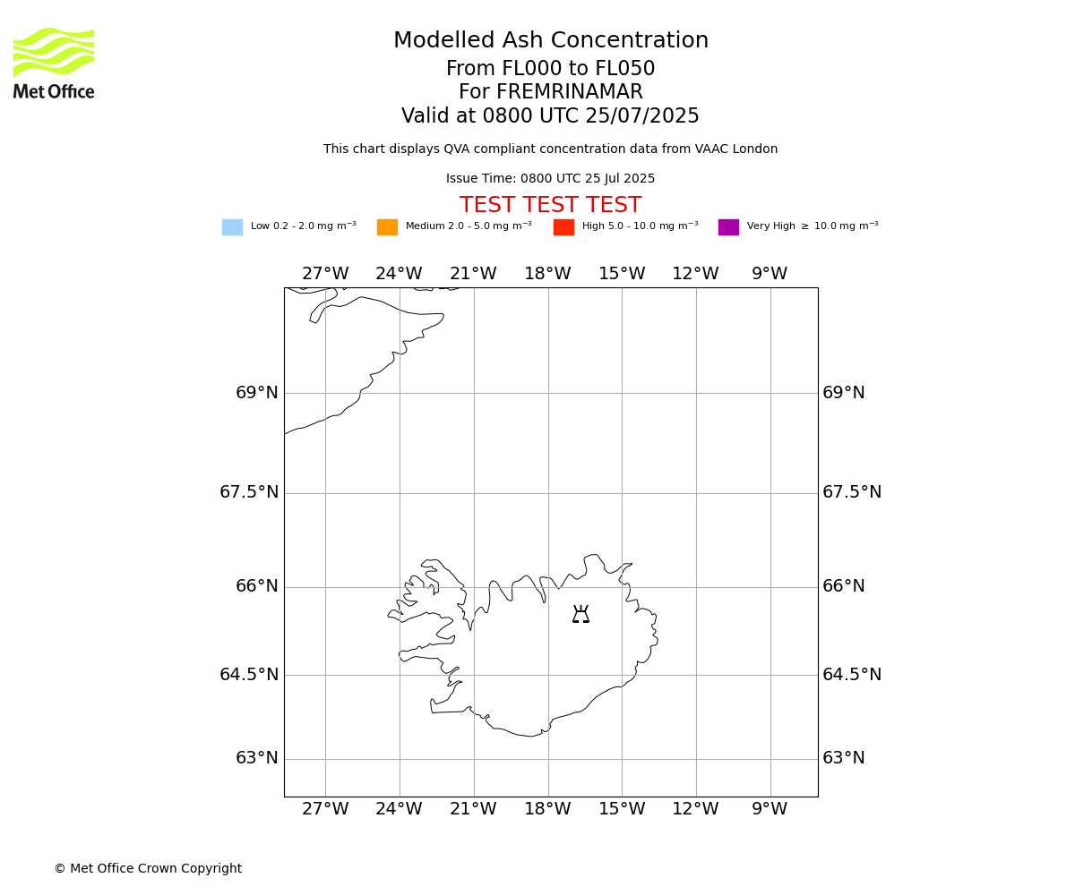 Modelled ash concentration from 000 to 050 for FREMRINAMAR. Valid at 0800 UTC 25/07/2025