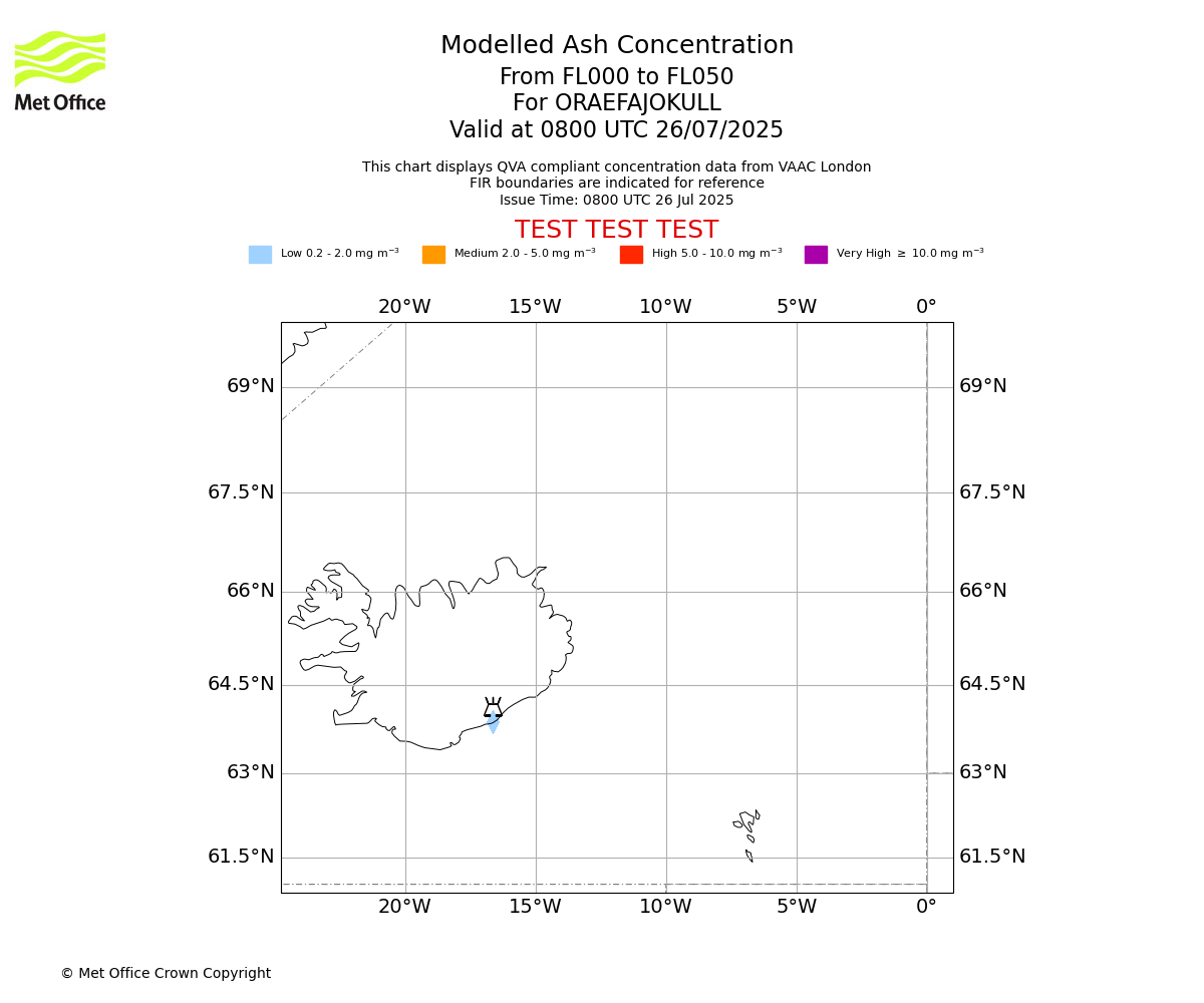 Modelled ash concentration from 000 to 050 for ORAEFAJOKULL. Valid at 0800 UTC 26/07/2025