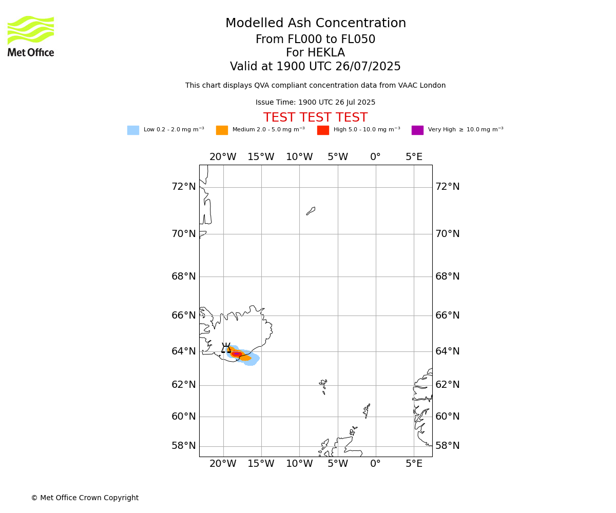 Modelled ash concentration from 000 to 050 for HEKLA. Valid at 1900 UTC 26/07/2025