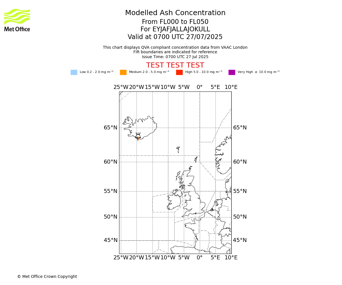 Modelled ash concentration from 000 to 050 for EYJAFJALLAJOKULL. Valid at 0700 UTC 27/07/2025