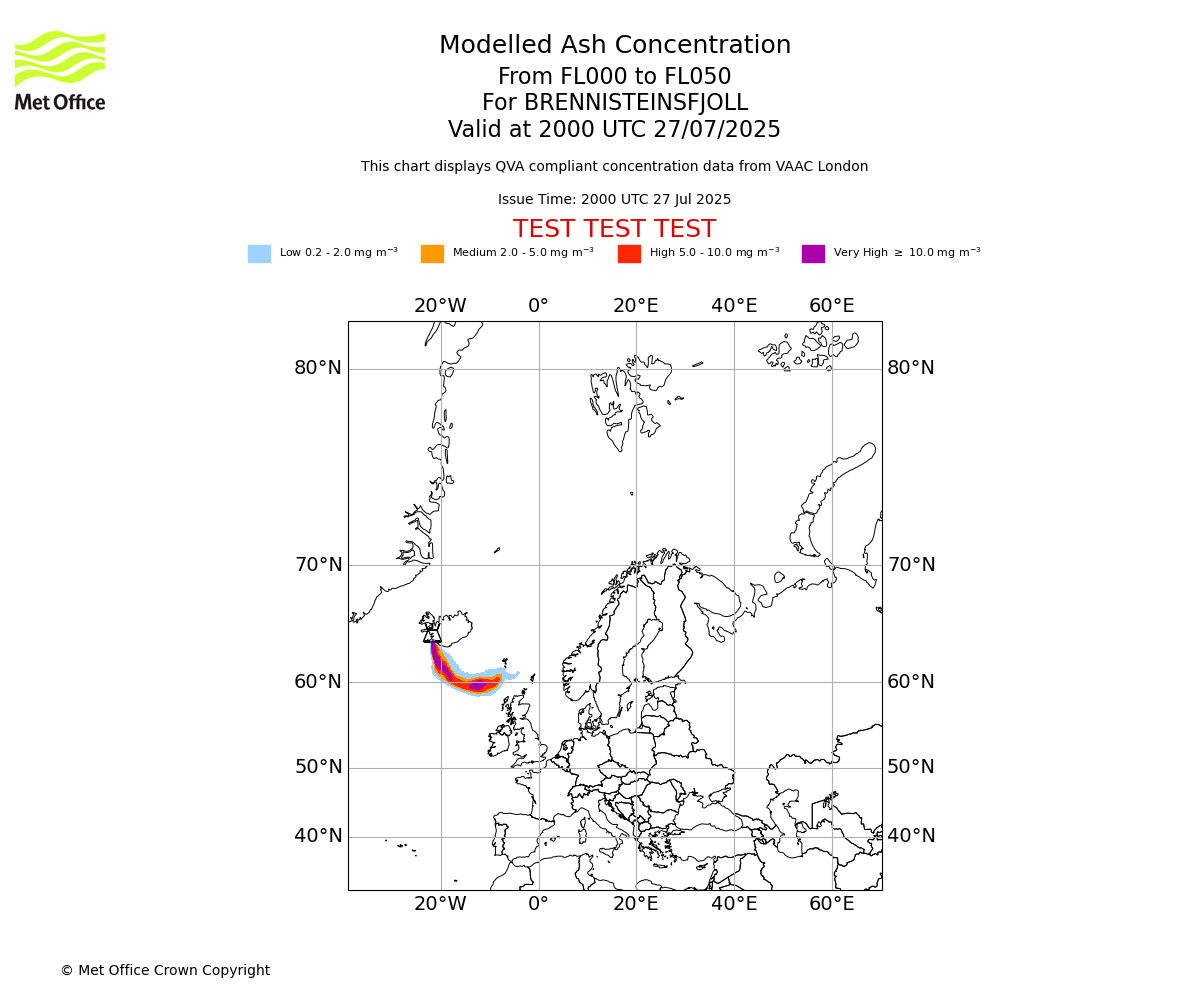 Modelled ash concentration from 000 to 050 for BRENNISTEINSFJOLL. Valid at 2000 UTC 27/07/2025