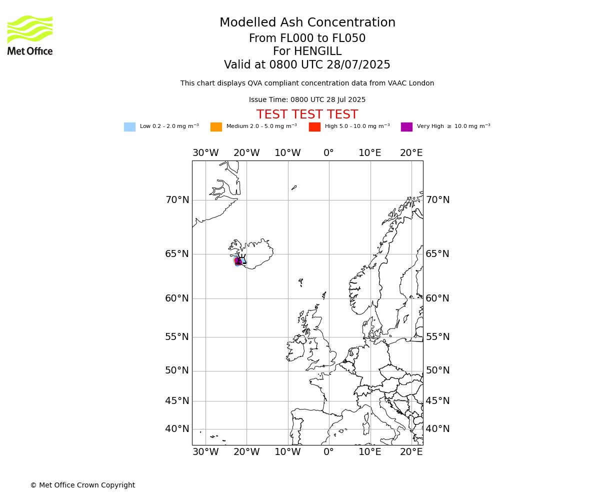 Modelled ash concentration from 000 to 050 for HENGILL. Valid at 0800 UTC 28/07/2025
