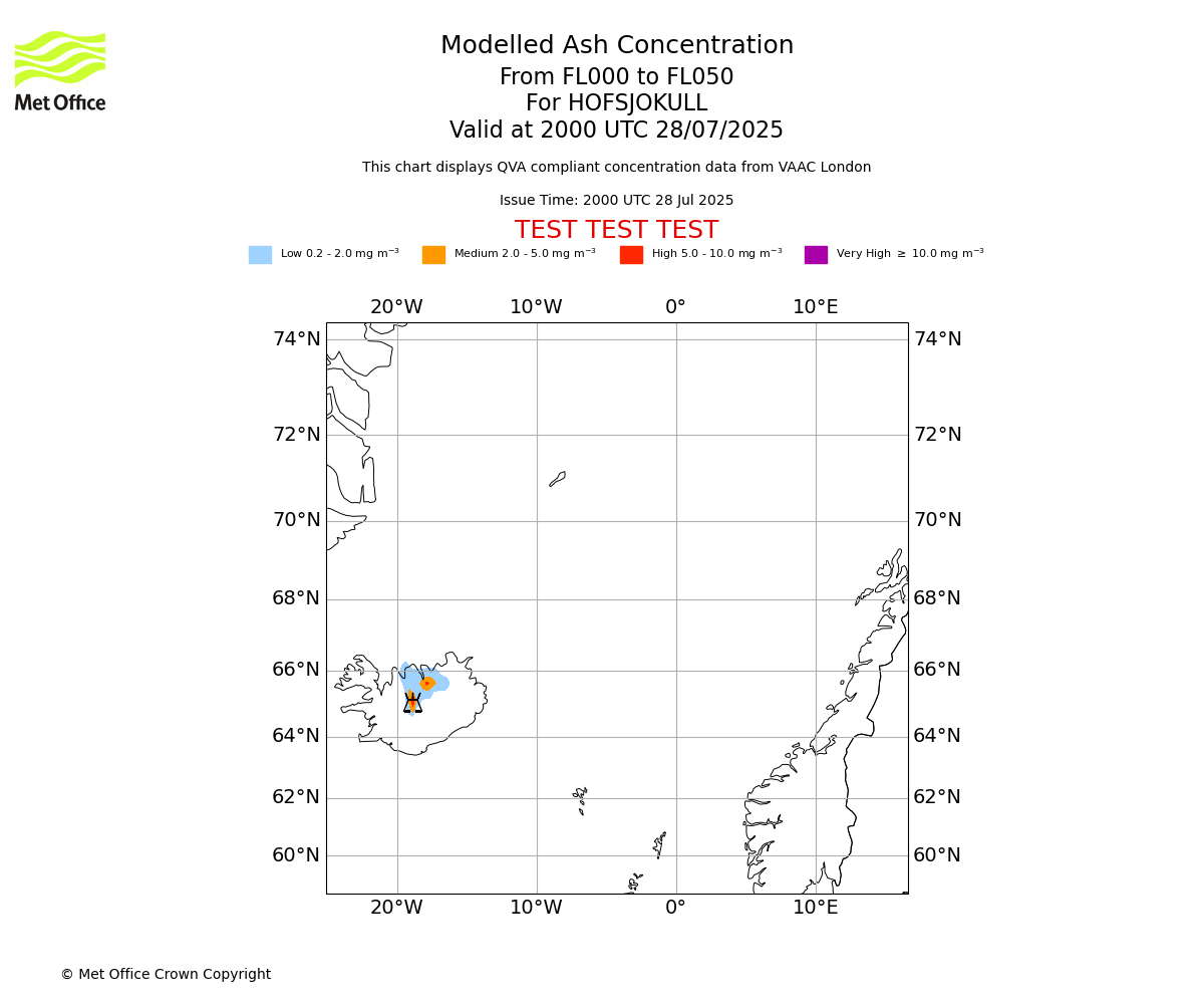 Modelled ash concentration from 000 to 050 for HOFSJOKULL. Valid at 2000 UTC 28/07/2025
