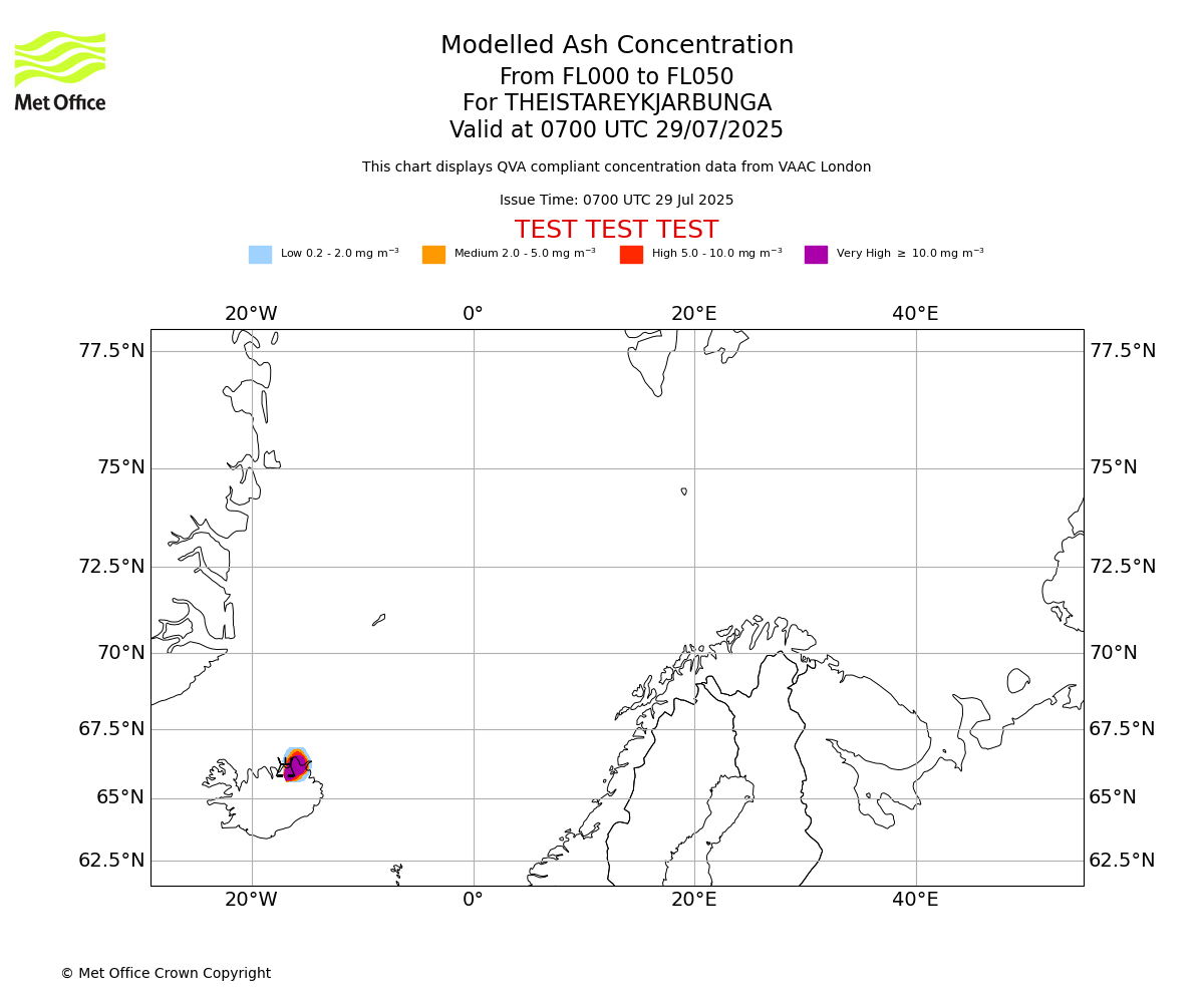 Modelled ash concentration from 000 to 050 for THEISTAREYKJARBUNGA. Valid at 0700 UTC 29/07/2025