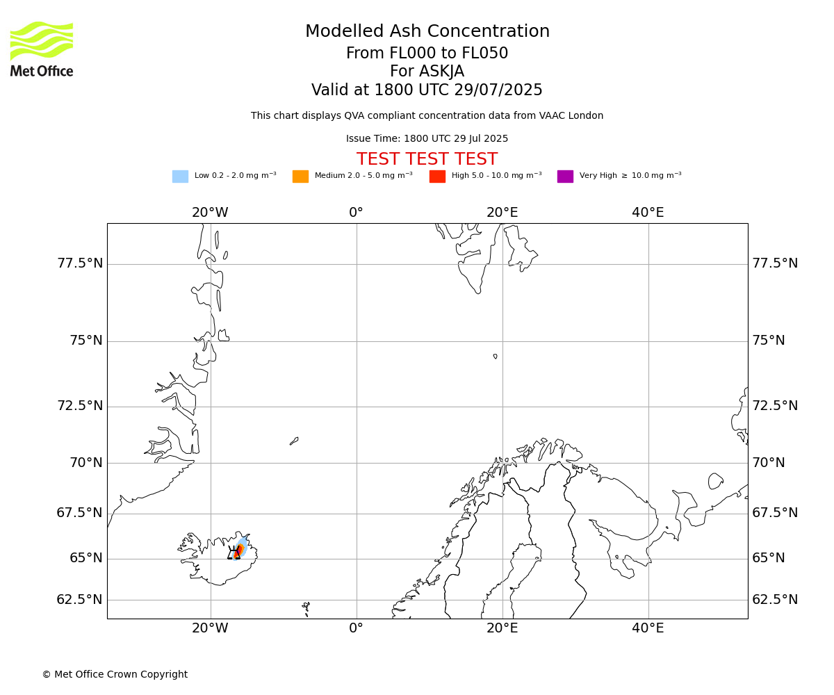 Modelled ash concentration from 000 to 050 for ASKJA. Valid at 1800 UTC 29/07/2025