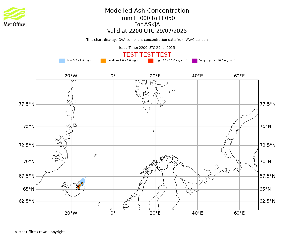 Modelled ash concentration from 000 to 050 for ASKJA. Valid at 2200 UTC 29/07/2025
