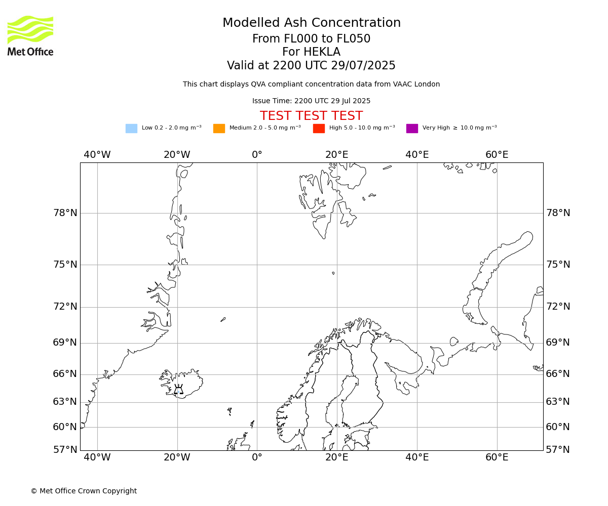 Modelled ash concentration from 000 to 050 for HEKLA. Valid at 2200 UTC 29/07/2025