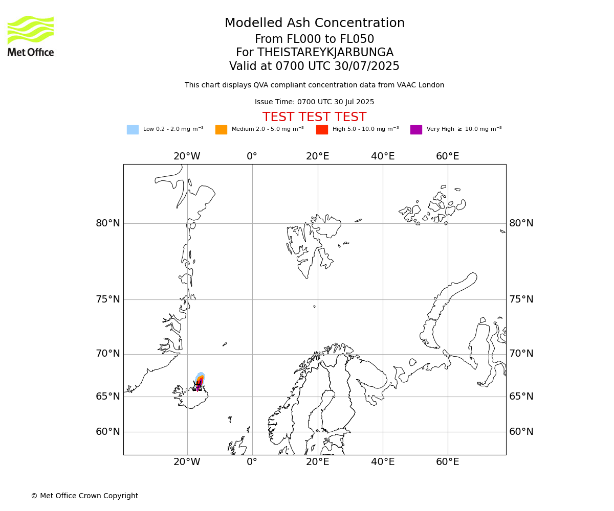 Modelled ash concentration from 000 to 050 for THEISTAREYKJARBUNGA. Valid at 0700 UTC 30/07/2025