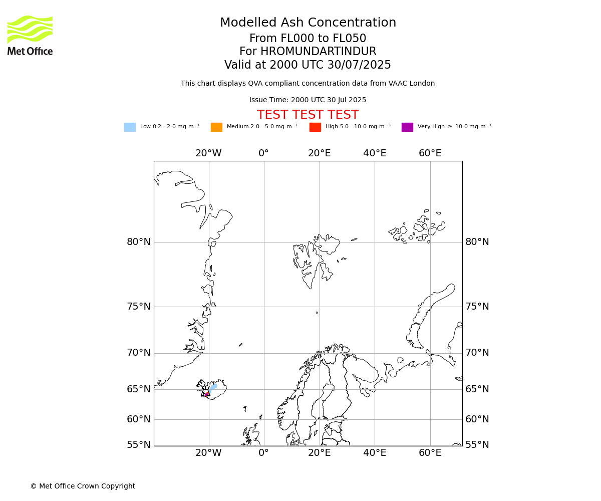 Modelled ash concentration from 000 to 050 for HROMUNDARTINDUR. Valid at 2000 UTC 30/07/2025
